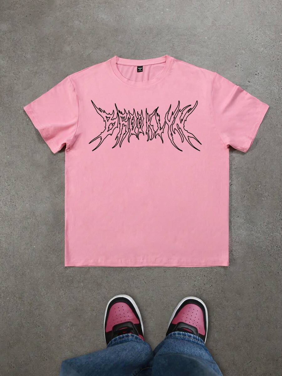 Manfinity EMRG 男士圆领短袖印花休闲上衣，日常穿着 - 粉色 - 查看 1