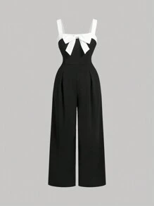 SHEIN MOD 大码复古黑白拼接连体裤，带蝴蝶结装饰，适合夏季穿着 - 黑與白 - 查看 1