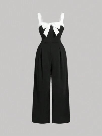 SHEIN MOD 大码复古黑白拼接连体裤，带蝴蝶结装饰，适合夏季穿着