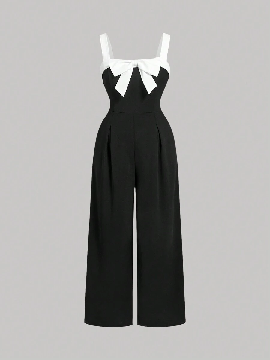 SHEIN MOD 大码复古黑白拼接连体裤，带蝴蝶结装饰，适合夏季穿着 - 黑與白 - 查看 1