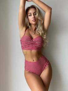 Swim Lushoire Summer Beach Plaid Bikini Set Twist Push Up Bra & High Waisted Bottom 2 Pieces Bathing Suit - Red and White - View 4