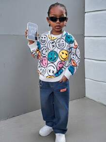 SHEIN Explorewe Bộ 2 quần ống đứng in họa tiết mặt cười Graffiti nhiều màu sắc cho bé trai phong cách thường ngày phù hợp với thời trang đường phố vui nhộn và quần denim ống đứng in họa tiết - Nhiều màu - Xem 6