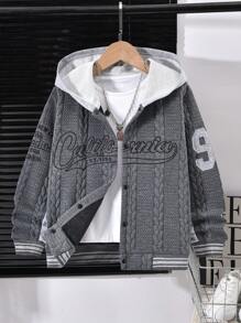 SHEIN Áo khoác bóng chày vải có mũ trùm đầu cho bé trai tuổi mới lớn, áo khoác thể thao thường ngày cho mùa thu/đông - Màu xám đen - Xem 7