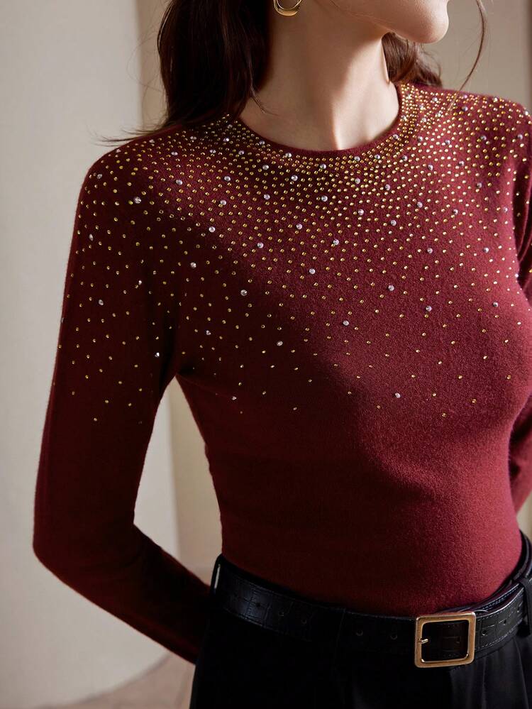 Women's Elegant Slim Fit Rhinestone Embellished Sweater, Casual Everyday Wear, Autumn/Winter Knit Pullover Fall