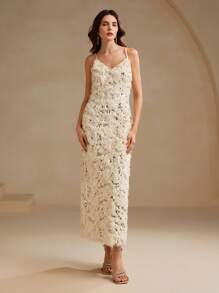 Anewsta 优质羽毛装饰吊带裙，修身亮片缀饰女士连衣裙长款女装