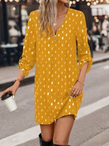 SHEIN Clasi Women's Autumn Zipper V-Neck Sparkle Polka Dot Print Ruffle Cuff Straight Hem Short Dress