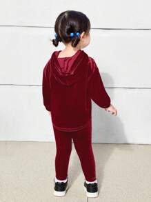 SHEIN 2 件套女宝宝毛绒户外时尚连帽套装 - 酒紅色 - 查看 2