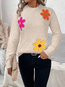 SHEIN LUNE Winter Sweater Holiday Women Outfits,3D Flower Decor V-Neck Casual Loose Fit Pullover Sweater