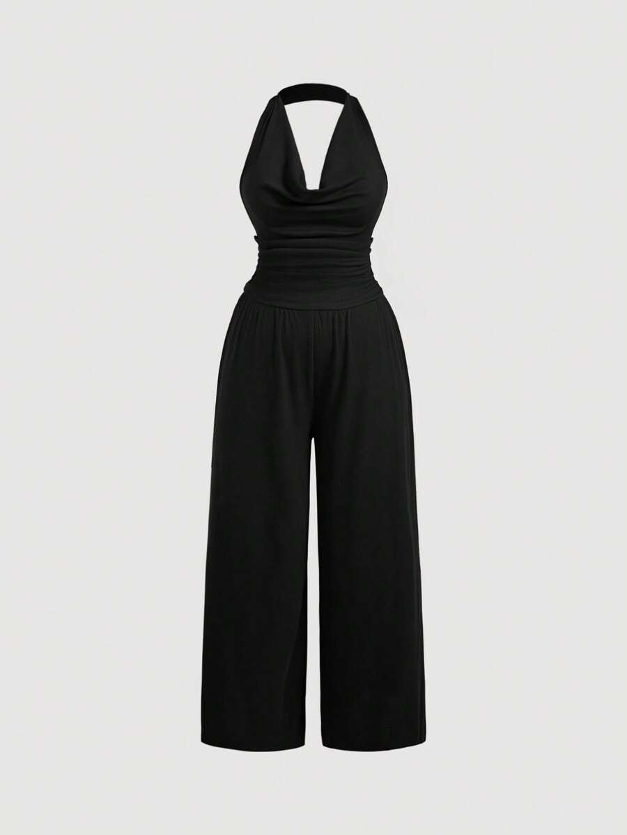 SHEIN MOD Plus Size Spaghetti Straps Waist Ruched Wide Leg Jumpsuit - Black - View 1