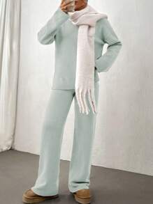 SHEIN Unity 女士纯色圆领落肩长袖毛衣和针织裤两件套，休闲秋冬 - 淺藍色 - 查看 4