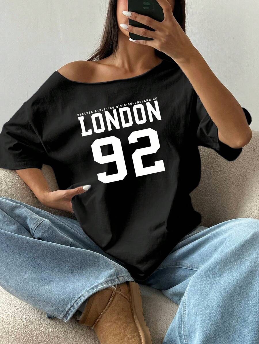 Flirla Women's Letter Print Off-Shoulder Short Sleeve Casual Loose T-Shirt Graphic Tees Women Tops - Black - View 1