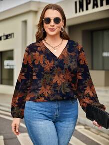 EMERY ROSE Plus Size Vrouwen Vintage Maple Leaf Print V-hals Lantaarn Mouw Losse Blouse, Geschikt Voor Herfst/Winter