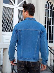Manfinity Homme Plus Size Men's Solid Color Front Button Pocket Casual Long Sleeve Denim Jacket - Dark Wash - View 2