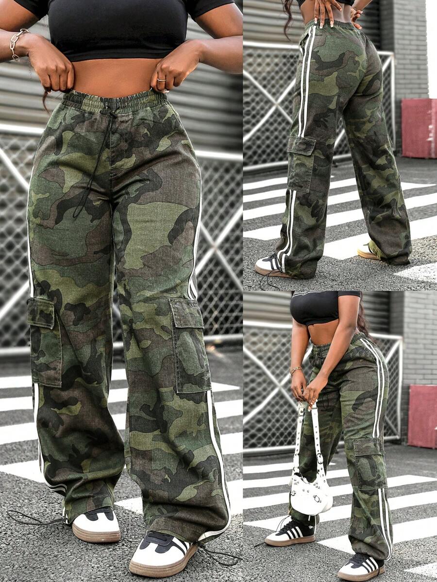 SHEIN Slayr Women Casual Loose Camouflage Striped Drawstring Waist Cargo Pockets Straight Leg Jeans - Multicolor - View 1