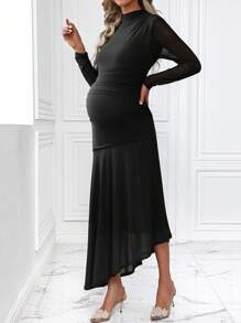MaterniWear Đầm bầu tay dài cổ đứng viền bất đối xứng màu trơn cho bà bầu, Đầm cho mùa xuân/hè - màu đen - Xem 3