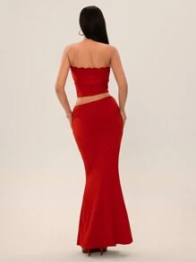 SHEIN SXY 2 件套女士夏季纯色蝴蝶结装饰修身抹胸和褶皱鱼尾裙套装 - 紅色 - 查看 2