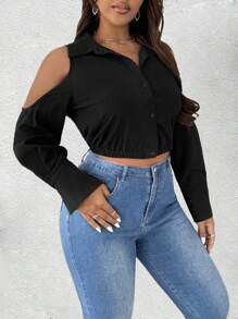 Maweii Camisa corta de manga larga con hombro hueco, diseño ceñido y unicolor para mujer talla grande - Negro - Ver 6