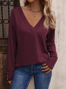 SHEIN LUNE Áo cánh thường ngày cổ chữ V tay dài cài nút cho nữ, mặc hàng ngày - Màu đỏ tím - Xem 3