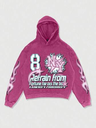 Street Life Men's Distressed Vintage Letter Print Loose Hoodie Sweatshirt