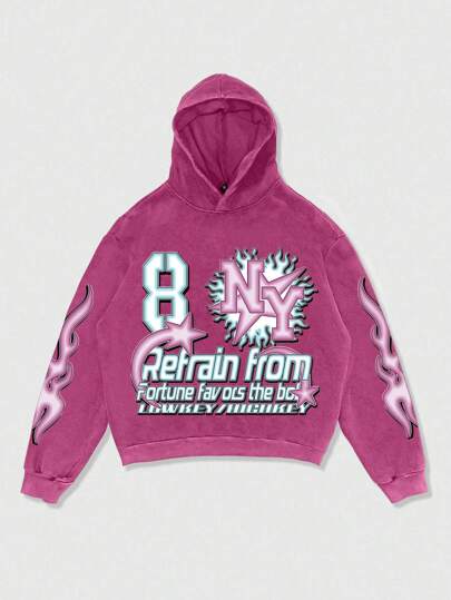 Street Life Men's Distressed Vintage Letter Print Loose Hoodie Sweatshirt