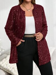EMERY ROSE Plus Size Solid Color Sequin Decor Open Front Loose Coat For Winter, Fall Women For Christmas, New Years Women - Burgundy - View 3