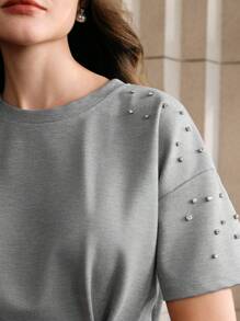Anewsta Commuting Style Rhinestone Embellished Black Fitted Knit Top For Women - Grey - View 1
