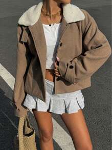 SHEIN Essnce 卡其色蓬松拼接立领短款长袖夹克女秋冬外套 - 棕色 - 查看 6