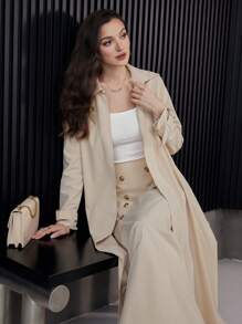 Modelyn 女士休闲纯色长袖风衣夹克和双排扣 A 字裙 2 件套，优雅 2 件套 - 卡其色 - 查看 3