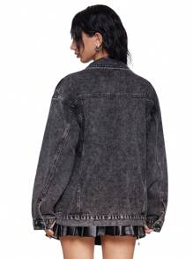 ROMWE Grunge Punk Grunge Punk Distressed Rock Band Party Denim Jacket With Washing, Chain, Embroidered Spider, And Fuzzy Star Eyes Decor, Oversized For Women