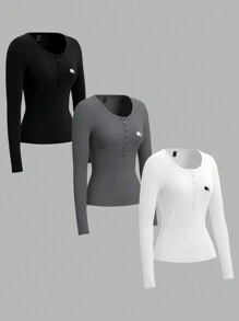 SHEIN EZwear Set 3 Kaos Rajut Sederhana 3 Warna Ukuran Plus untuk Wanita, Cocok untuk Musim Gugur/Dingin - MultiWarna - View 3