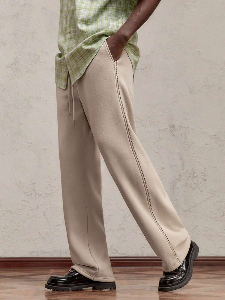 Christmas Men's Fitted Long Elastic Waist Drawstring O-Ring Pants, Banana Barrel Leg Pants, Casual Khaki Color Trousers Suitable For Autumn/Winter, New Year, Christmas. Contrast Ribbon, Thermal Lined , Warm, Metallic Thread