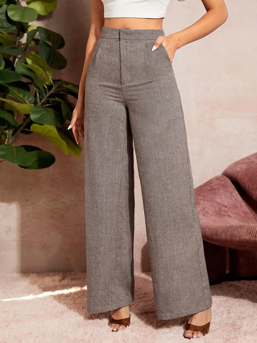 SHEIN Essnce 大码女式秋季正式夏季商务休闲优雅长裤 专业时尚休闲优雅通勤口袋裤，正装裤 - 卡其色 - 查看 1