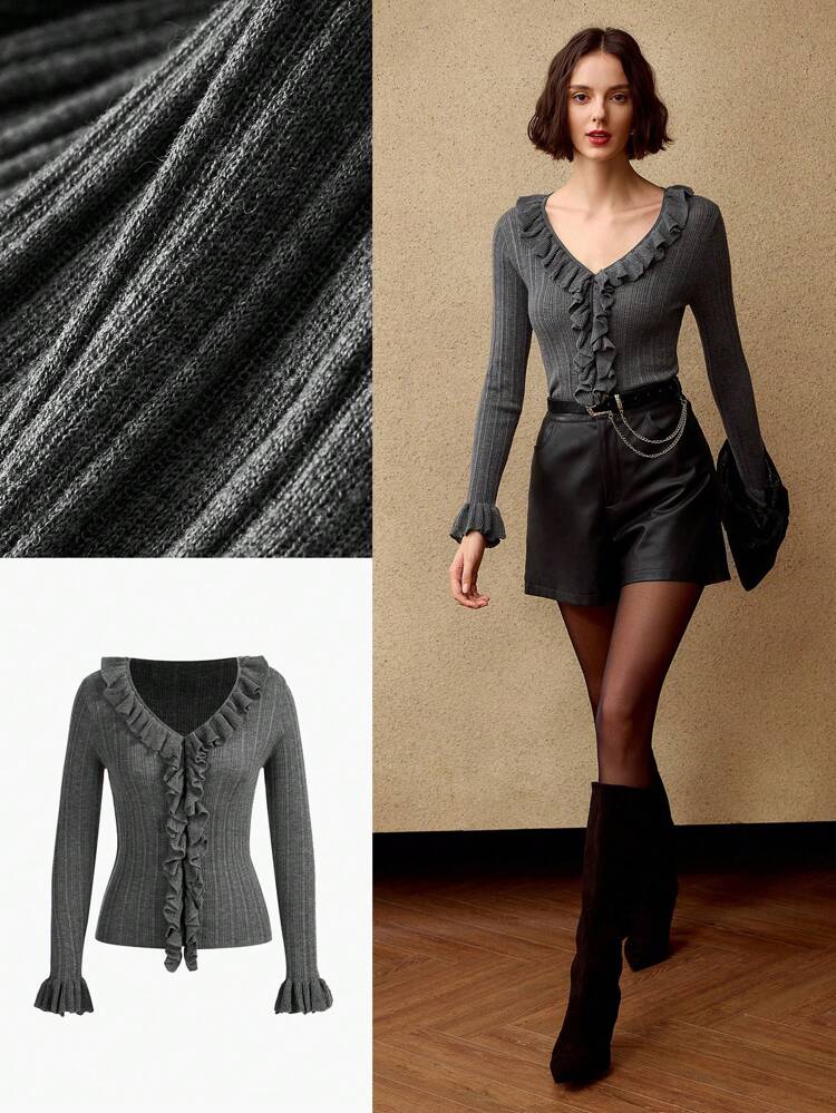 SOLID V-NECK FLARE SLEEVE RUFFLE TRIM SLIM FIT RIBBED KNIT SWEATER