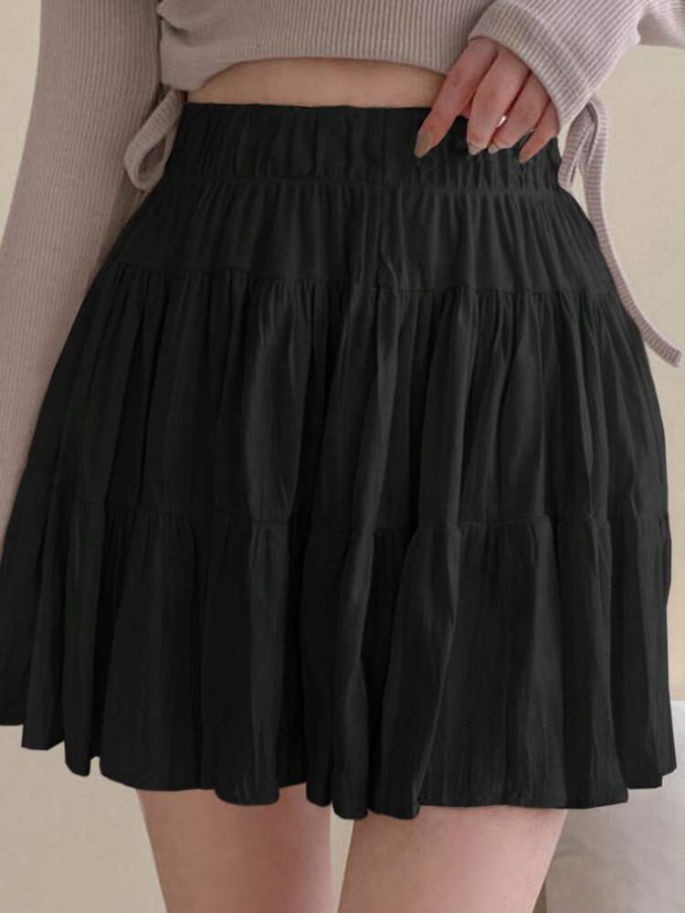 Women's Solid Color Elastic Waist Casual Versatile Ruffle Hem A-Line Skirt Fall Skirts