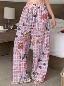 DAZY 格子涂鸦印花宽松直筒睡裤，秋冬款 - 粉色 - 查看 8