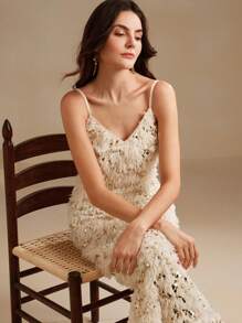 Anewsta 优质羽毛装饰吊带裙，修身亮片缀饰女士连衣裙长款女装