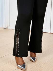 SHEIN Lady Pantalon évasé en tricot noir orné de strass, élégant et décontracté, convenant pour le bureau et les déplacements. Tailles plus disponibles. - Noir - Voir 4