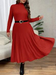 SHEIN Clasi 大码女式驼色和米色高领收腰 A 字型优雅通勤简约基本款长裙，适合感恩节和假期，适合冬季 - 紅色 - 查看 3