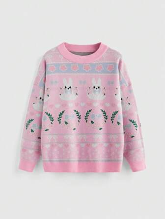 Kawaii Women's Cute Rabbit Print Pullover Sweater