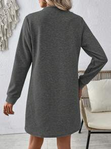 SHEIN LUNE 休闲纯色圆领长袖连衣裙 - 深灰色 - 查看 2
