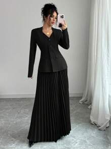 Elenzga 女士优雅西装外套和百褶裙两件套 - 黑色 - 查看 3