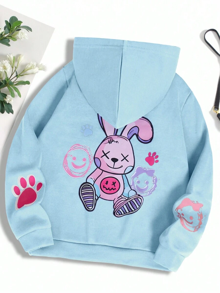 SHEIN Kleine Mädchen Fleece Kapuzenoberteil mit Grafik, Langarm - Babyblau - Übersicht 1