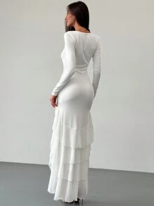 Aloruh New V-Neck Pullover Long Sleeve Dress With 3D Floral Decor & Multi-Layered Ruffle Hem, Long Length - White - View 2