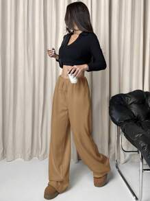 Muchica Women's Solid Color Waist Tie Straight Wide-Leg Plush Sweatpants For Autumn/Winter - Khaki - View 4