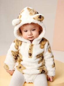 SHEIN Baby Boy Winter Casual Cute Bear Hoodie With Fluffy Ears Thick Warm Bodysuit, Suitable For Outdoor Play, Birthday, Home Comfort - Multicolor - View 5