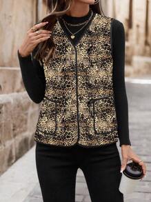 SHEIN Clasi 1 件女士豹纹无袖加厚棉服冬季 - 黃色 - 查看 7