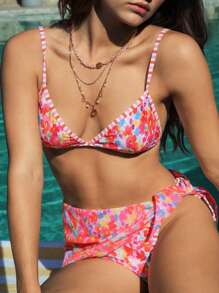 Swim Mod 2pcs Women's Tiny Floral Halter Neck Tie-Side Bikini Set Summer - Multicolor - View 2
