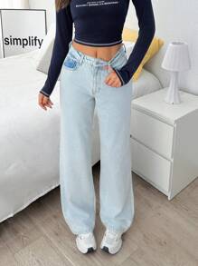 EURMUSE 女式高腰口袋直筒宽松休闲牛仔裤 - 淺色水洗藍 - 查看 3