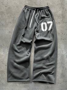 男士休闲街头嘻哈松紧腰数字07印花运动裤，秋冬 - 深灰色 - 查看 1