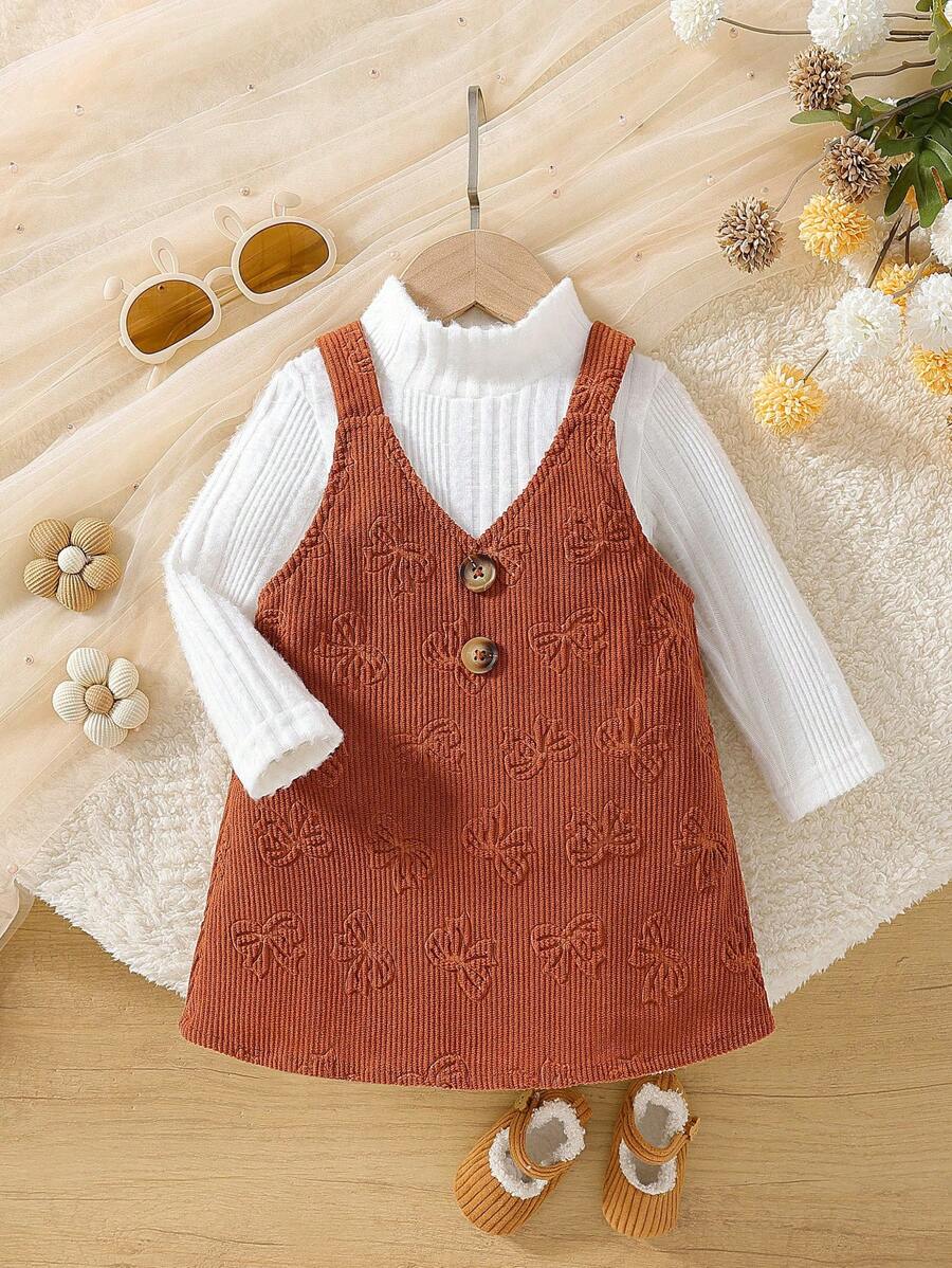 2 件套女婴休闲高领长袖 T 恤和 V 领蝴蝶结 A 字裙，适合庆祝活动、家庭聚会、户外玩耍和学校，春季/秋季 - 彩色 - 查看 1